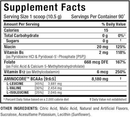 ALLMAX AMINOCORE BCAA, Blue Raspberry - 945 g Powder - 8.18 Grams of BCAAs Per Serving - with B Vitamins - No Fillers or Non-BCAA Aminos - Sugar Free - 90 Servings