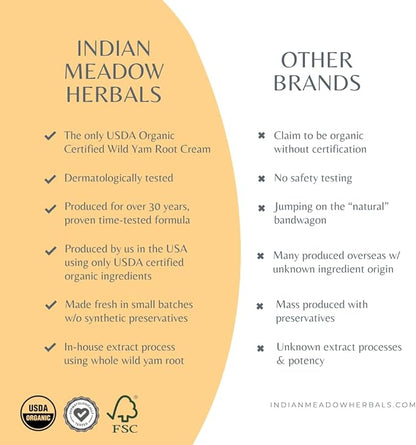 Indian Meadow Herbals Wild Yam Root Cream (2oz) - USDA Certified Organic Balancing Cream for PMS & Menopause Relief - Estrogen & Progesterone-Free. Handmade By US. Woman-owned & Operated Since 1994.