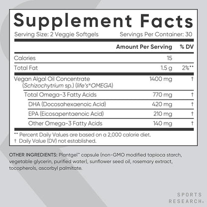 Sports Research Vegan Omega-3 Fish Oil 60 Softgels