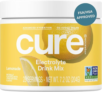 Cure Hydration | Plant-Based Electrolyte Drink Mix | No Added Sugar | FSA & HSA | Dehydration Relief Powder Made with Coconut Water | Non-GMO | Vegan | 28 Servings Jar - Lemonade