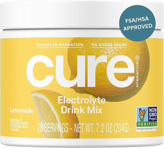 Cure Hydration | Plant-Based Electrolyte Drink Mix | No Added Sugar | FSA & HSA | Dehydration Relief Powder Made with Coconut Water | Non-GMO | Vegan | 28 Servings Jar - Lemonade