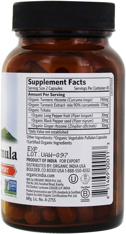 Organic India Turmeric Curcumin Herbal Supplement 90 Capsules