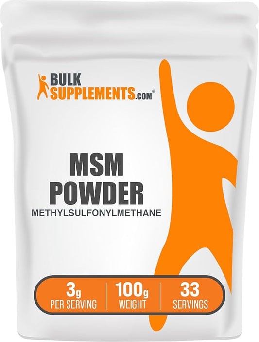 BulkSupplements.com MSM Powder - Methylsulfonylmethane, MSM Supplement - MSM Pure Powder, MSM 3000mg - for Joint Health, Gluten Free, 3000mg per Serving, 100g (3.5 oz) (Pack of 1)