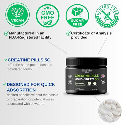 Creatine Monohydrate Pills 5g - creatine Tablets, creatine Pills for Men, Women, creatina en capsulas *USA Made & Tested* Unflavored, creatine monohydrate Powder alt, 150 Tablets 30 Servings