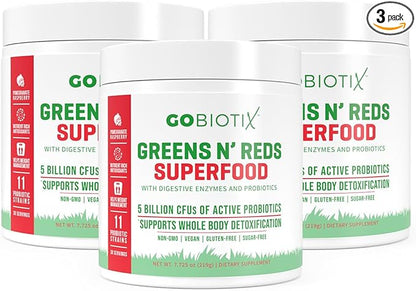 GOBIOTIX Super Greens and Reds Powder - Red and Green Superfood - Probiotic Supplement - Digestive Enzymes and Beet Root Powder - Organic Whole Foods Dietary Supplement (Pom Raspberry, 3 Pack)