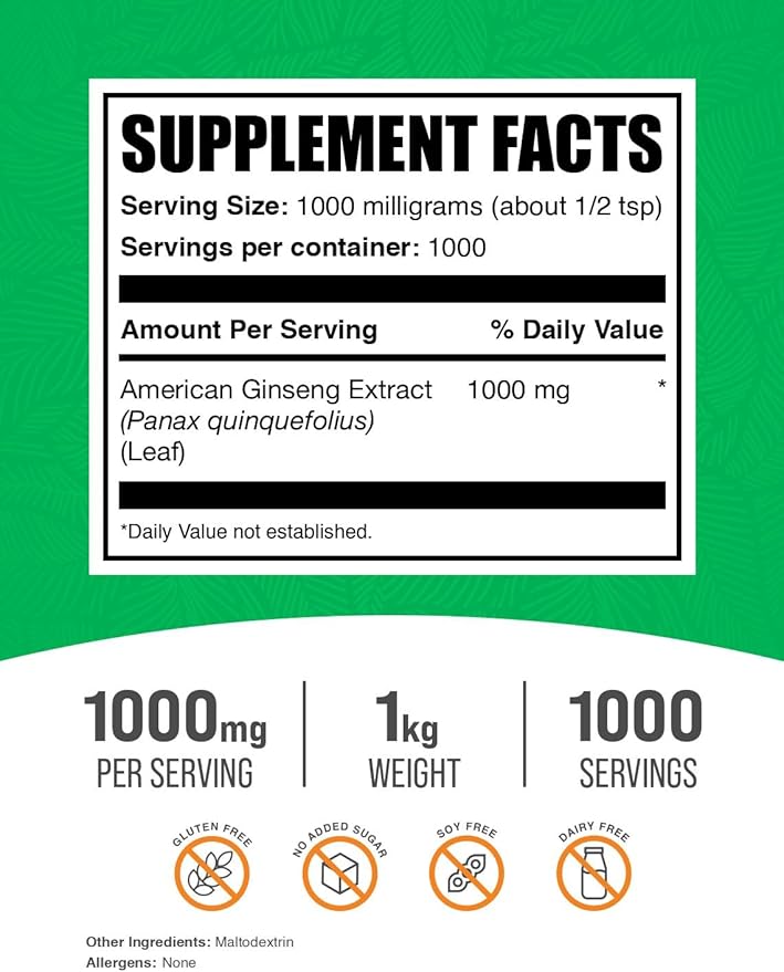 BulkSupplements.com American Ginseng Extract Powder - Ginseng Supplement, American Ginseng Powder, Ginseng Herbal Supplements - Gluten Free, 1000mg per Serving, 1kg (2.2 lbs) (Pack of 1)
