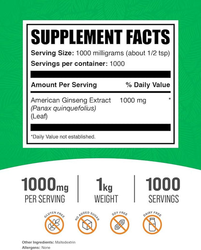 BulkSupplements.com American Ginseng Extract Powder - Ginseng Supplement, American Ginseng Powder, Ginseng Herbal Supplements - Gluten Free, 1000mg per Serving, 1kg (2.2 lbs) (Pack of 1)