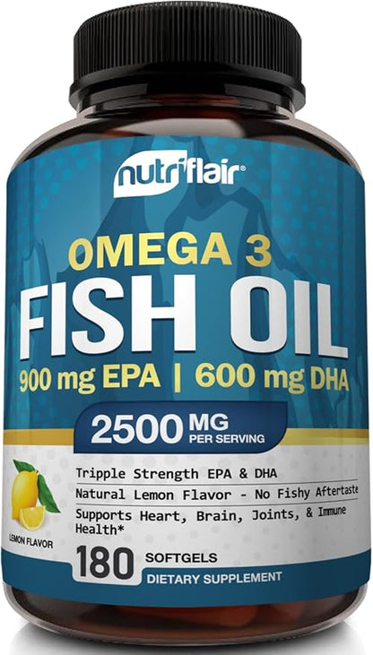 NutriFlair Omega-3 Fish Oil Supplement 2500mg - 900mg EPA 600mg DHA 90 Servings -180 Lemon