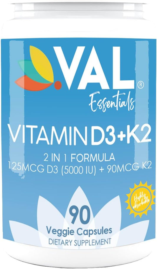 VAL Essentials Vitamin K2 + D3 Supplement 5000 IU D3 & 90 mcg K2 MK-7, MK-7, Non-GMO, 90 Vegetarian