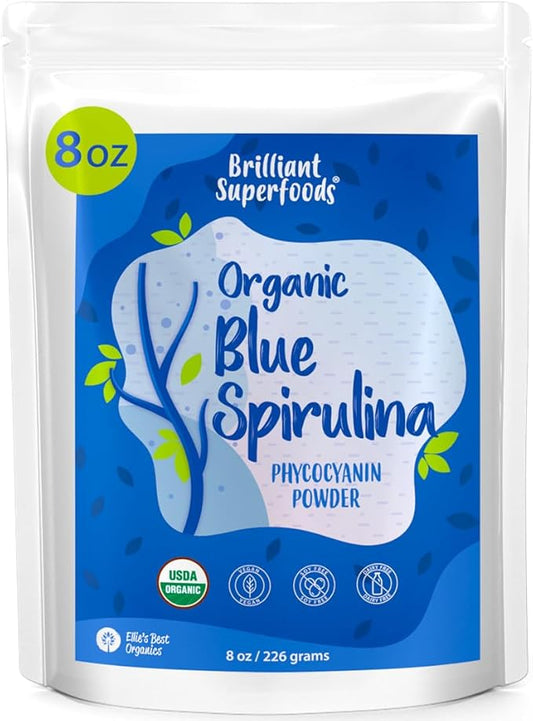 Organic Blue Spirulina Powder - 8oz - Odorless - from Blue Green Algae - Vegan, Non GMO, Gluten-Free, Dairy-Free - USDA Certified Natural Blue Coloring for Smoothies & Protein Drinks