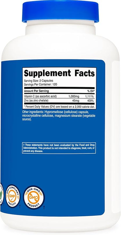 Nutricost Vitamin C with Zinc Supplement 120 Servings 1000mg Vitamin 45mg Zinc,