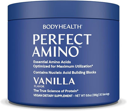 BodyHealth PerfectAmino Powder - BCAA and EAA Powder for Pre and Post Workout - Amino Acid Energy Drink Powder for Men and Women to Support Lean Muscle and Recovery - Vanilla - 30 Servings