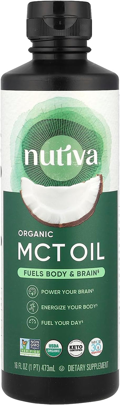 Nutiva Organic MCT Oil, 16 fl oz, Unflavored for Keto Coffee, Non-GMO Oil made from Organic Coconuts, Keto Friendly, Best MCT Oil Wellness Ketosis Supplement, 14g of C8 & C10 per serving