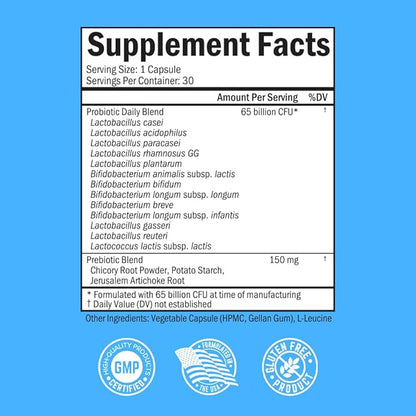 Probiotic 65 Billion - Probiotics with Prebiotic for Women & Men - Lactobacillus Acidophilus Digestive Health Capsules - Targeted Release Technology - Shelf Stable Supplement Non-GMO Dairy Free-30ct