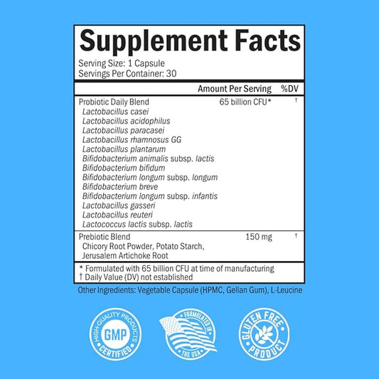 Probiotic 65 Billion - Probiotics with Prebiotic for Women & Men - Lactobacillus Acidophilus Digestive Health Capsules - Targeted Release Technology - Shelf Stable Supplement Non-GMO Dairy Free-30ct