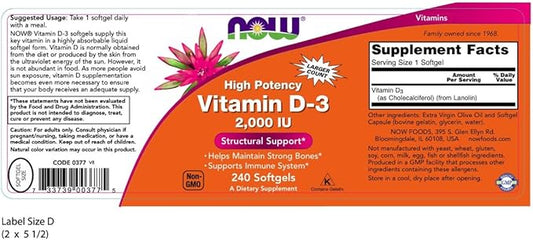 NOW Foods Vitamin D-3, Structural Support 2000 I.U, 480 Softgels
