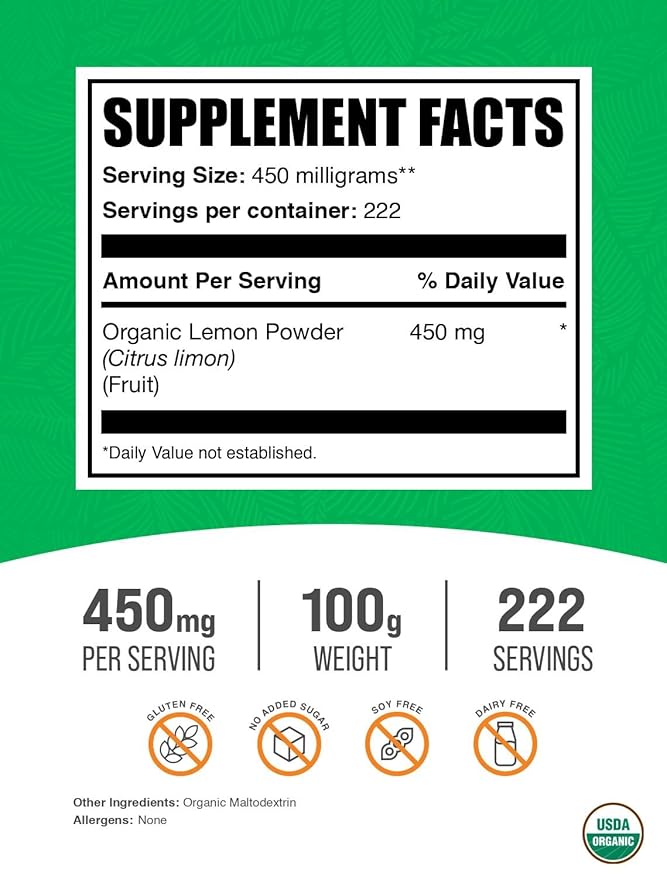 BulkSupplements.com Organic Lemon Powder - Natural Vitamin C Source, Fruit Powder, Lemon Flavoring - for Immune Support, Gluten Free, 450mg per Serving, 100g (3.5 oz) (Pack of 1)