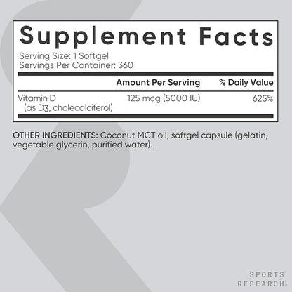 Sports Research Vitamin D3 5000 IU with Coconut MCT Oil - High Potency Vitamin D Supplement for Immune & Bone Support - Non-GMO Verified, Gluten & Soy Free – 125mcg, 360 Liquid Softgels