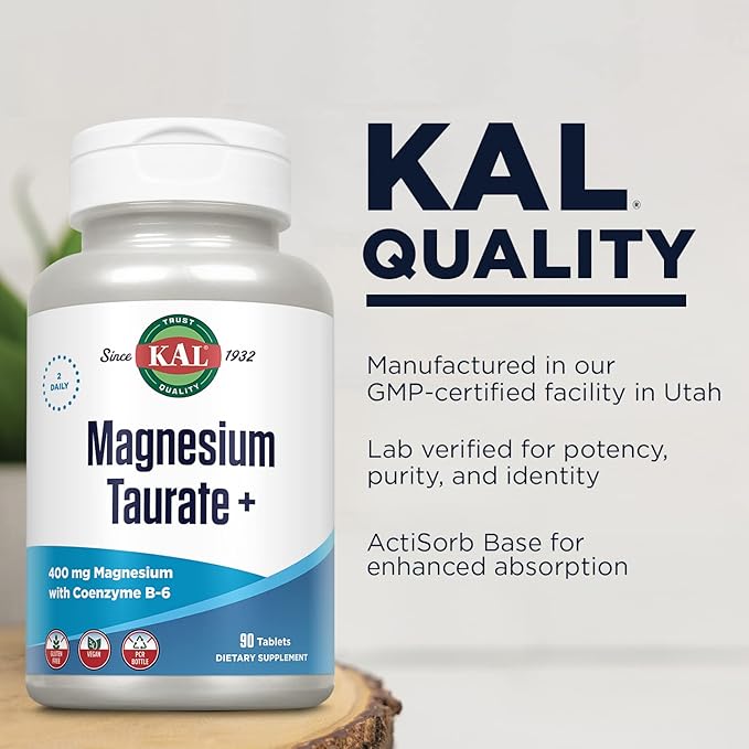 KAL Magnesium Taurate 400mg Plus CoEnzyme B6, Chelated 60-Day Guarantee, 45 Serv, 90 Tablets