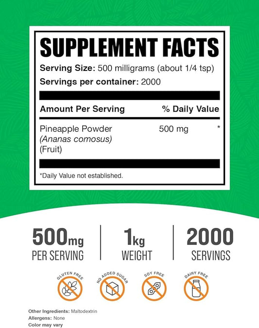BulkSupplements.com Pineapple Powder - Pineapple Fruit Powder, for Flavoring & Smoothies - Unsweetened & Gluten Free, 500mg per Serving, 1kg (2.2 lbs) (Pack of 1)