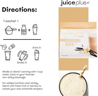 Juice Plus+ Complete Vanilla Shakes - Plant-Based, Whole Food Nutrition with Protein, Fiber, Greens, Prebiotics and a Superfood Blend of Essential Nutrients - 2 Pouches, 30 Servings Each