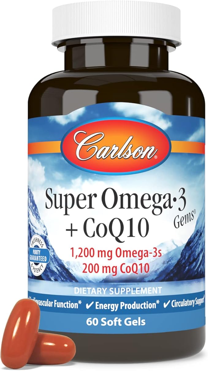Carlson - Super Omega-3 Gems + CoQ10, 1200 1200 mg Omega-3s 200 200 mg CoQ10, Circulation 60 Softgels