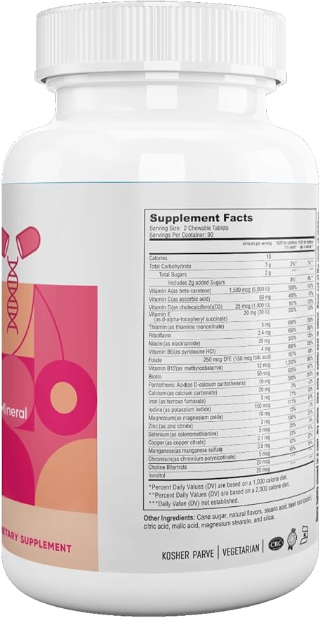 Delicious Kids Multivitamin, 180 Vegetarian Chews – Complete Children’s Supplement with Essential Vitamins and Minerals - Vitamin A, B, C, D3, Calcium, Iron, Folic Acid, Zinc – Cherry Flavor