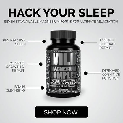 Wild Foods Magnesium Complex Supplement with 7X Forms, 90 Capsules | High Absorption, Full Spectrum, Easy Digestion | 500mg Glycinate, Bisglycinate, Malate, Orotate, Citrate, Taurate