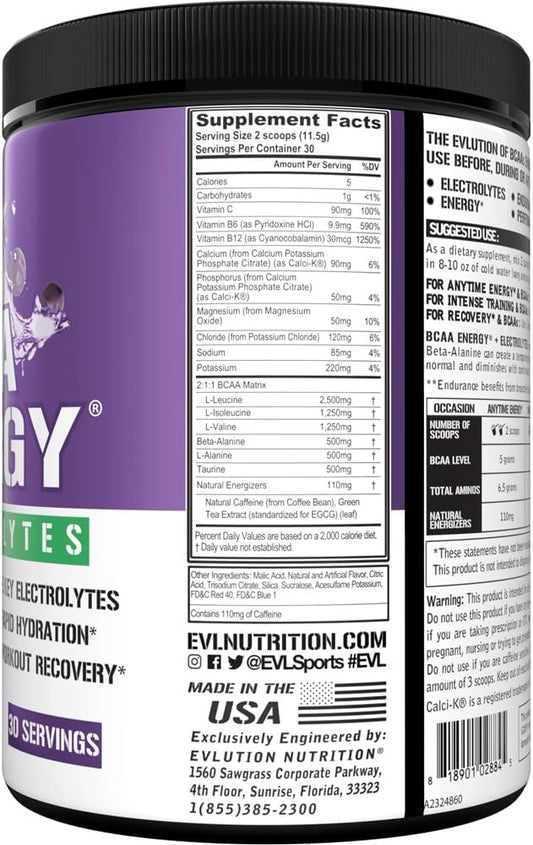 EVL BCAAs Amino Acids Powder - BCAA Energy Pre Workout Powder for Muscle Recovery Lean Growth and Endurance - Rehydrating BCAA Powder Post Workout Recovery Drink with 6 Key Electrolytes - Grape Splash