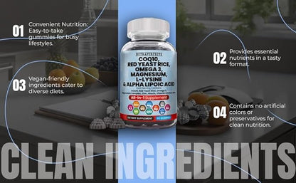 L-Lysine Coq10 Alpha Lipoic Acid Gummies Red Yeast Rice Magnesium Gummy for Adults and Kids - Amino Acid Supplements Omega 3 Niacin Zinc Vitamin K2 D3 B3 - Vitamins for Women and Men - 60 Gummy Bears