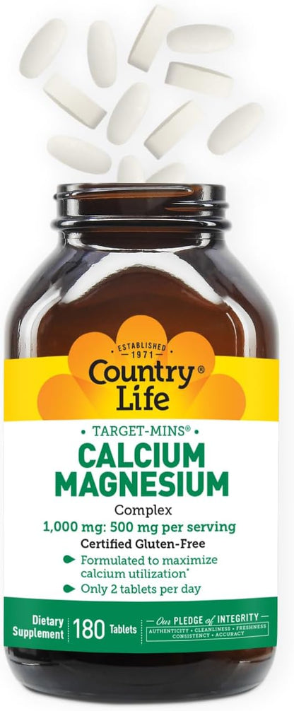 Country Life Target-Mins Calcium Magnesium Complex 1000mg/500mg, 180 Tablets, Certified Gluten Free, Certified Vegan, Certified Non-GMO Verified