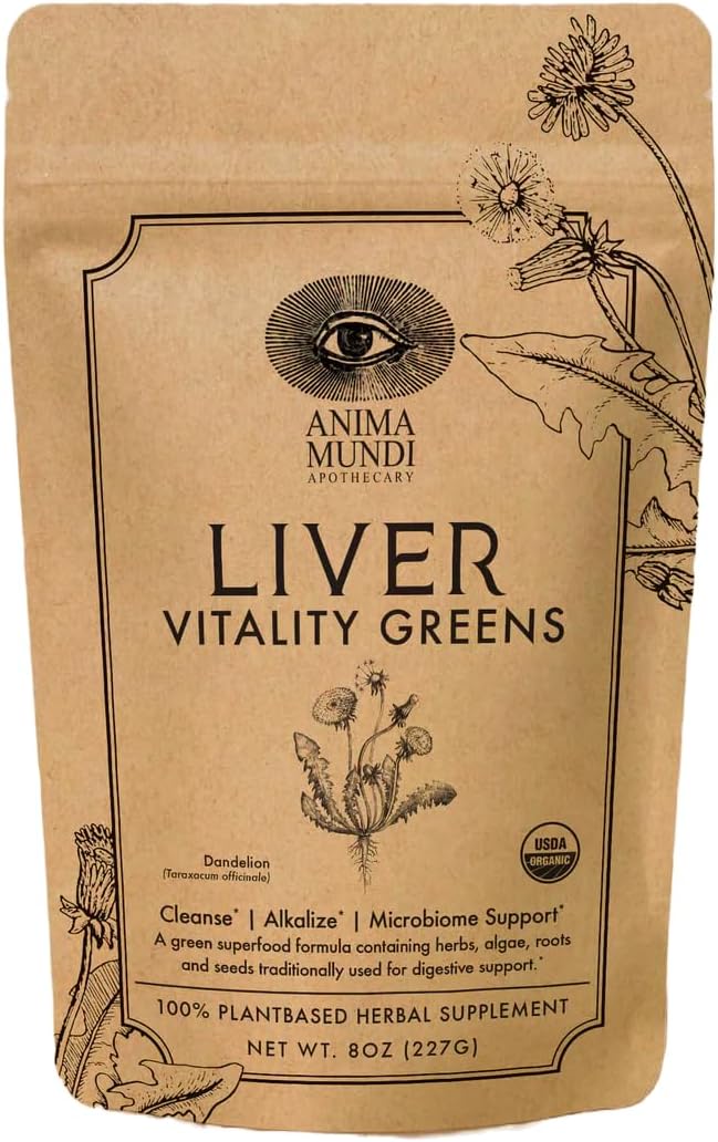 Anima Mundi Super Greens Powder - Liver Vitality - Organic Superfood Greens & Herbal Prebiotics for Liver Detox, Cleanse & Support - Vitamin-Rich with Fair Trade Dandelion, Milk Thistle & More (8oz)