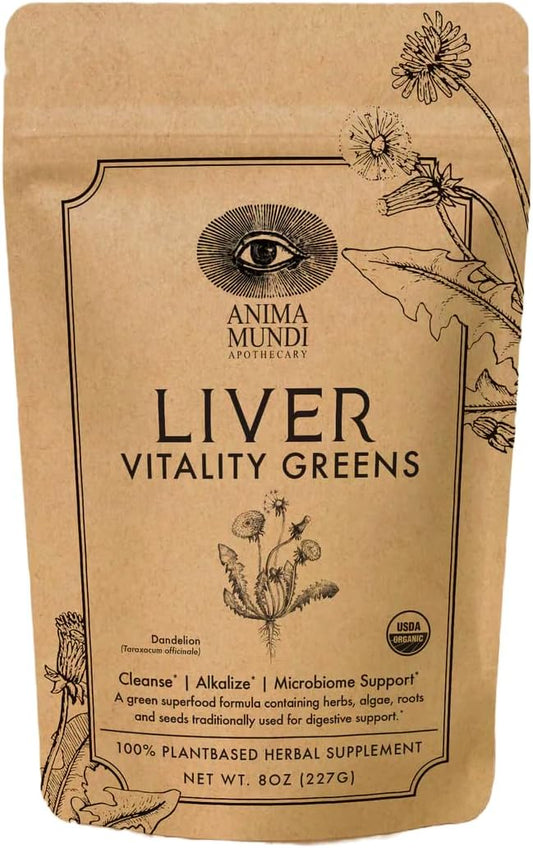 Anima Mundi Super Greens Powder - Liver Vitality - Organic Superfood Greens & Herbal Prebiotics for Liver Detox, Cleanse & Support - Vitamin-Rich with Fair Trade Dandelion, Milk Thistle & More (8oz)