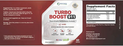 Turbo Boost 911 Nitric Oxide Booster, Circulation, Energy Boost, Mental Focus (N-O) Supplement – 60 Capsules