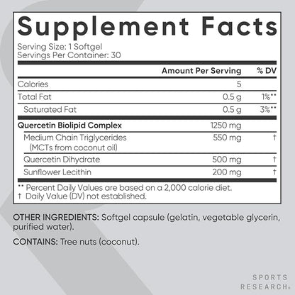 Sports Research Quercetin with Coconut MCT Oil & Sunflower Lecithin for Better Absorption - Supports Antioxidant Activity & Immune Health – Gluten Free & Non-GMO Verified - 30 Liquid Softgels