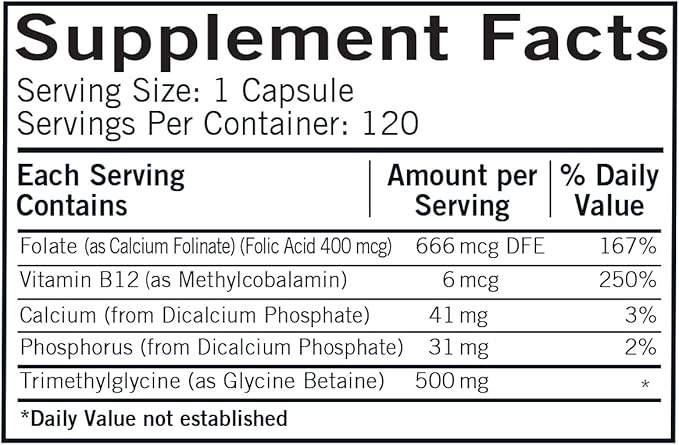 TMG (Trimethylglycine) 500 mg w/Folinic Acid & B12 Capsules - Hypo 120 capsules