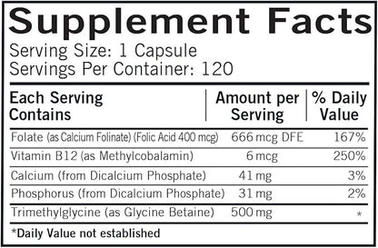 TMG (Trimethylglycine) 500 mg w/Folinic Acid & B12 Capsules - Hypo 120 capsules