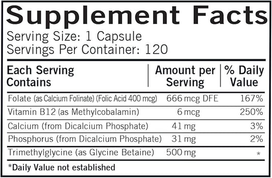 TMG (Trimethylglycine) 500 mg w/Folinic Acid & B12 Capsules - Hypo 120 capsules