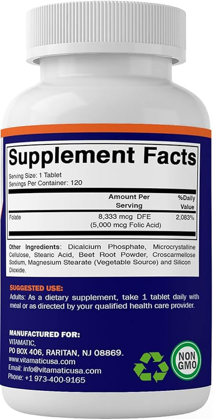Vitamatic 2 Pack Folic Acid 5mg (5000 mcg) - 120 Vegetarian Tablets - (Vitamin B9 Folate) (Total 240 Tablets)