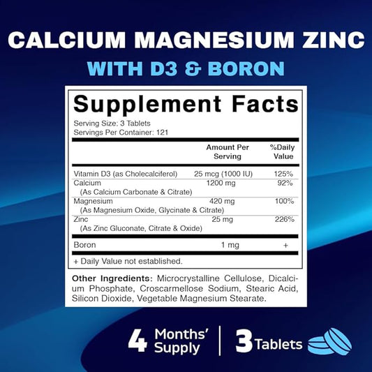 Vitamatic Calcium Magnesium Zinc D3 Boron 365 Coated 1200 mg, 420mg, Zinc 25mg, Vitamin D3 1000 1000 IU, 1 mg