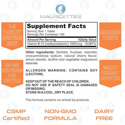 Vitamin B12 Methylcobalamin 1000 mcg Supplement 100 Chewable B-12 Tablets