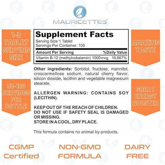 Vitamin B12 Methylcobalamin 1000 mcg Supplement 100 Chewable B-12 Tablets