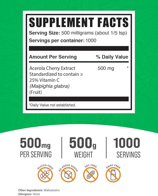 BulkSupplements.com Acerola Cherry Extract Powder 500mg per 500g (1.1 (1.1 lbs) 1)