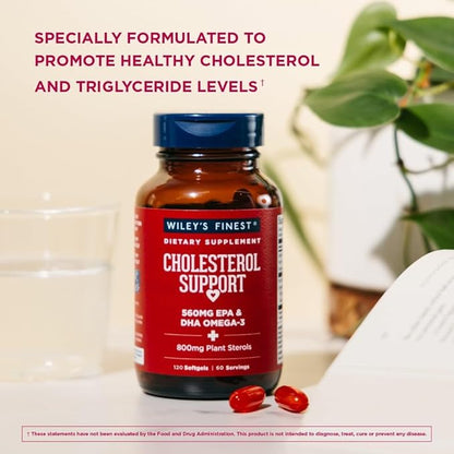 Wiley's Finest Wild Alaskan Fish Oil Cholesterol Support - Heart Health Supplement for Men and Women - 560mg Omega-3s - 120 Softgels (60 Servings)