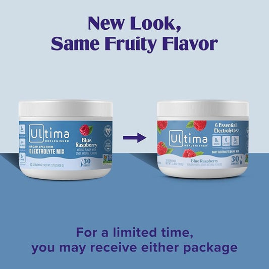 Ultima Replenisher Daily Electrolyte Powder Drink Mix – Blue Raspberry, 30 Servings – Hydration Powder with 6 Electrolytes and Trace Minerals – Keto Friendly, Vegan, Non-GMO and Sugar-Free