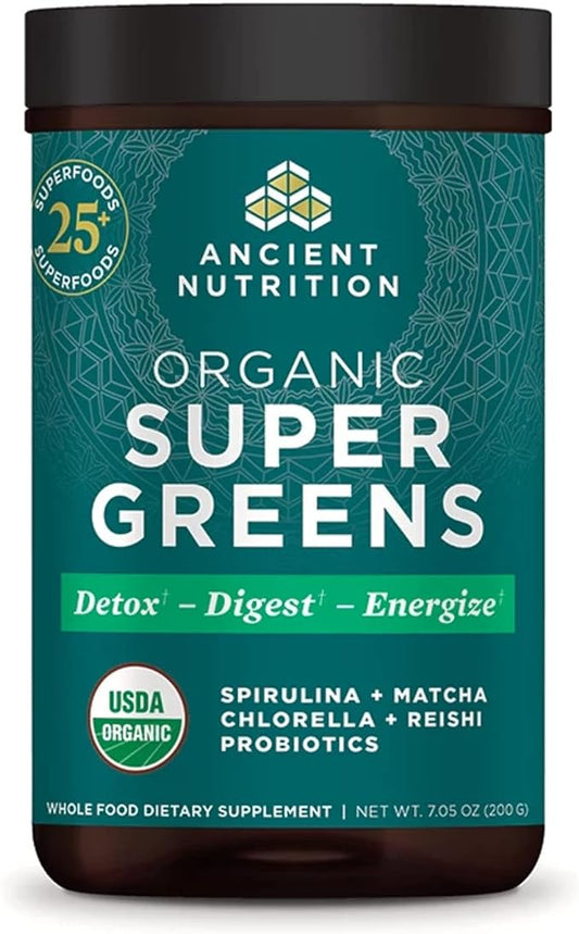 Super Greens Powder by Ancient Nutrition, Organic Superfood Powder with Probiotics Made with Spirulina, Chlorella, Matcha, and Digestive Enzymes, 25 Servings, 7.5oz