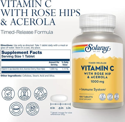 SOLARAY Vitamin C w/Rose HIPS & 1000mg, Two-Stage (100 Servings, 100 Tablets)