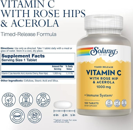 SOLARAY Vitamin C w/Rose HIPS & 1000mg, Two-Stage (100 Servings, 100 Tablets)