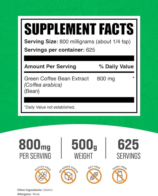 BulkSupplements.com Green Coffee Bean Extract Powder - Green Coffee Bean Supplements, Green Coffee Bean Powder - Energy Support, Gluten Free, 800mg per Serving, 500g (1.1 lbs) (Pack of 1)