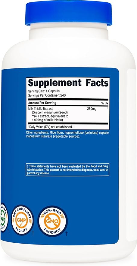 Nutricost Milk Thistle 250mg (1000mg Equivalent), 240 Vegetarian 4:1 Extract